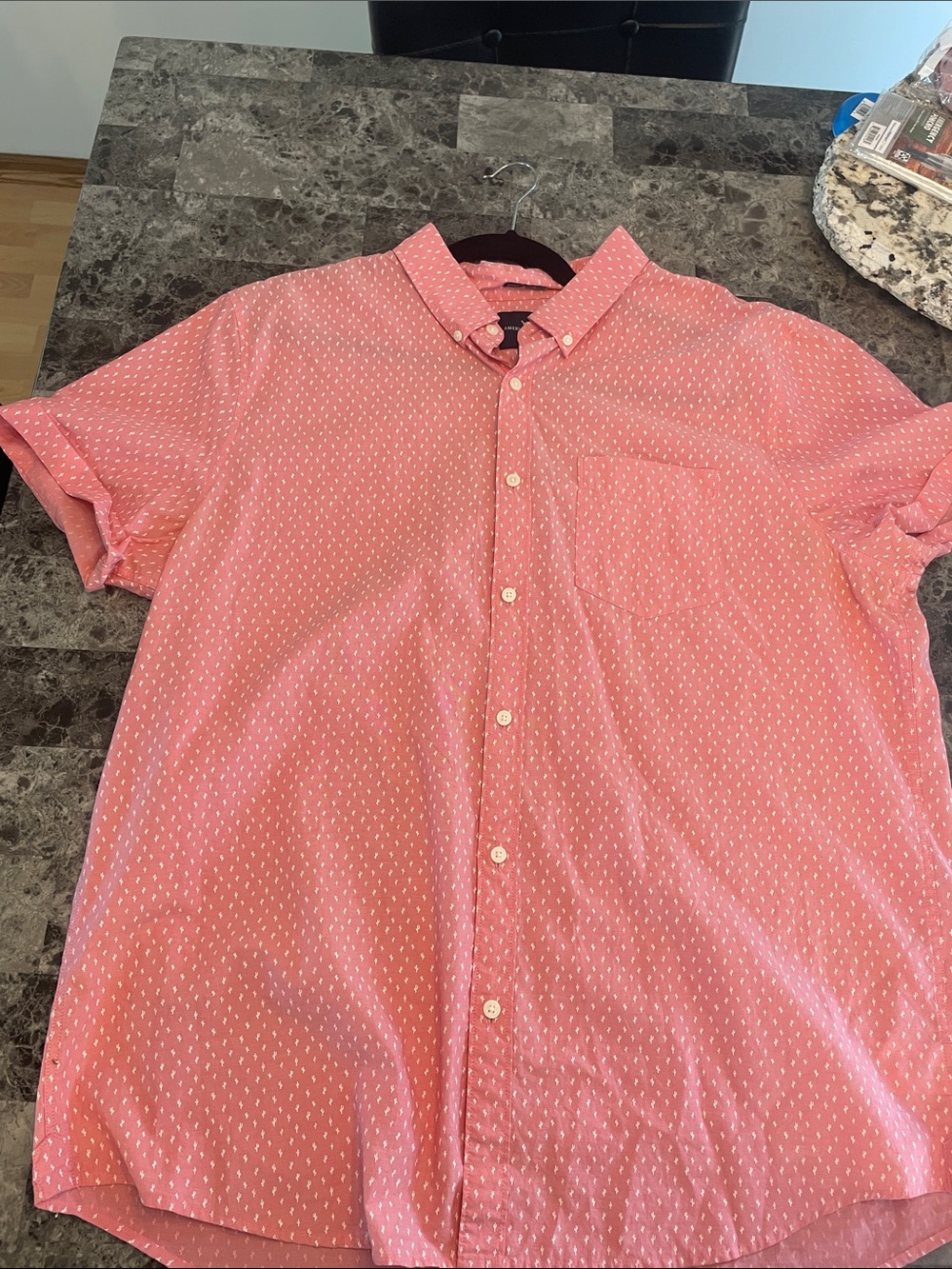 American Eagle Outfitters Coral Pink Short-Sleeve Button-Down Shirt